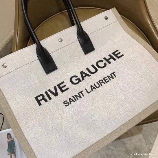 Tony Luxuries YSL IN GAUCHE RIVE AND BAG TOTE LEATHER LINEN 0711